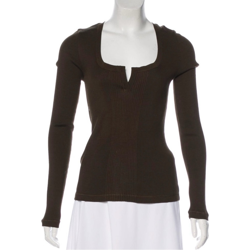 GUCCI Chocolate Long Sleeve Rib Knit Top - Size L in Excellent Condition!